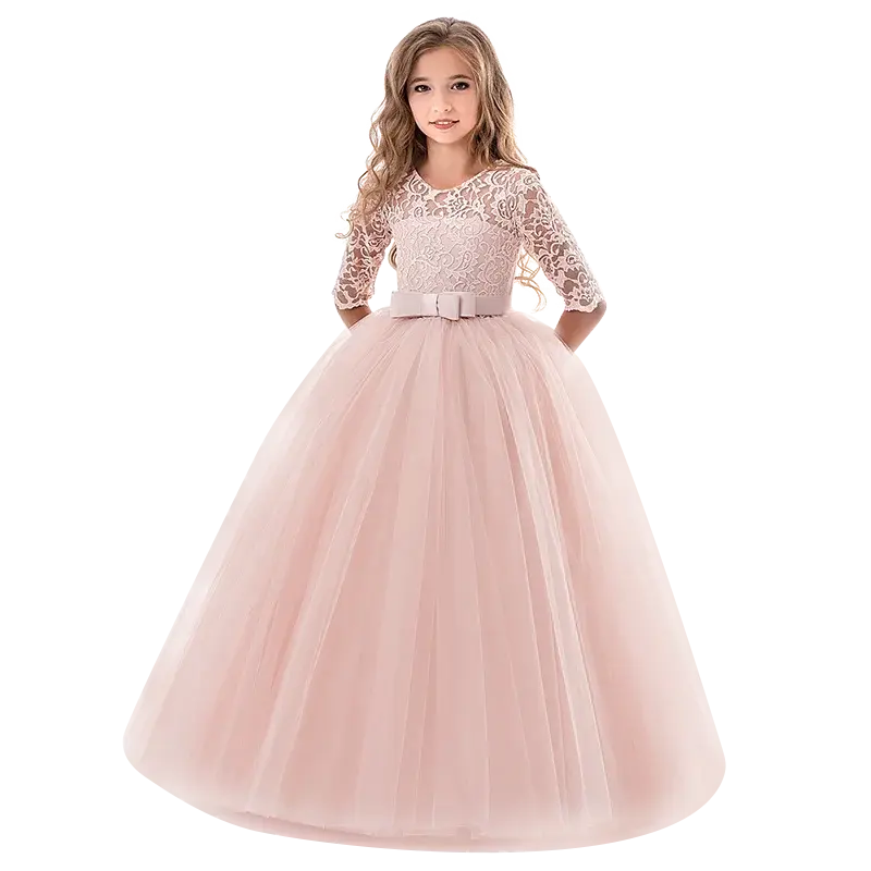 Vintage Flower Girl Princess Dress For Weddings Summer Kid Formal Bow Long Gown For School Evening Party Children Natalia Home Fashion   378Pink-6T Natalia Home Fashion
