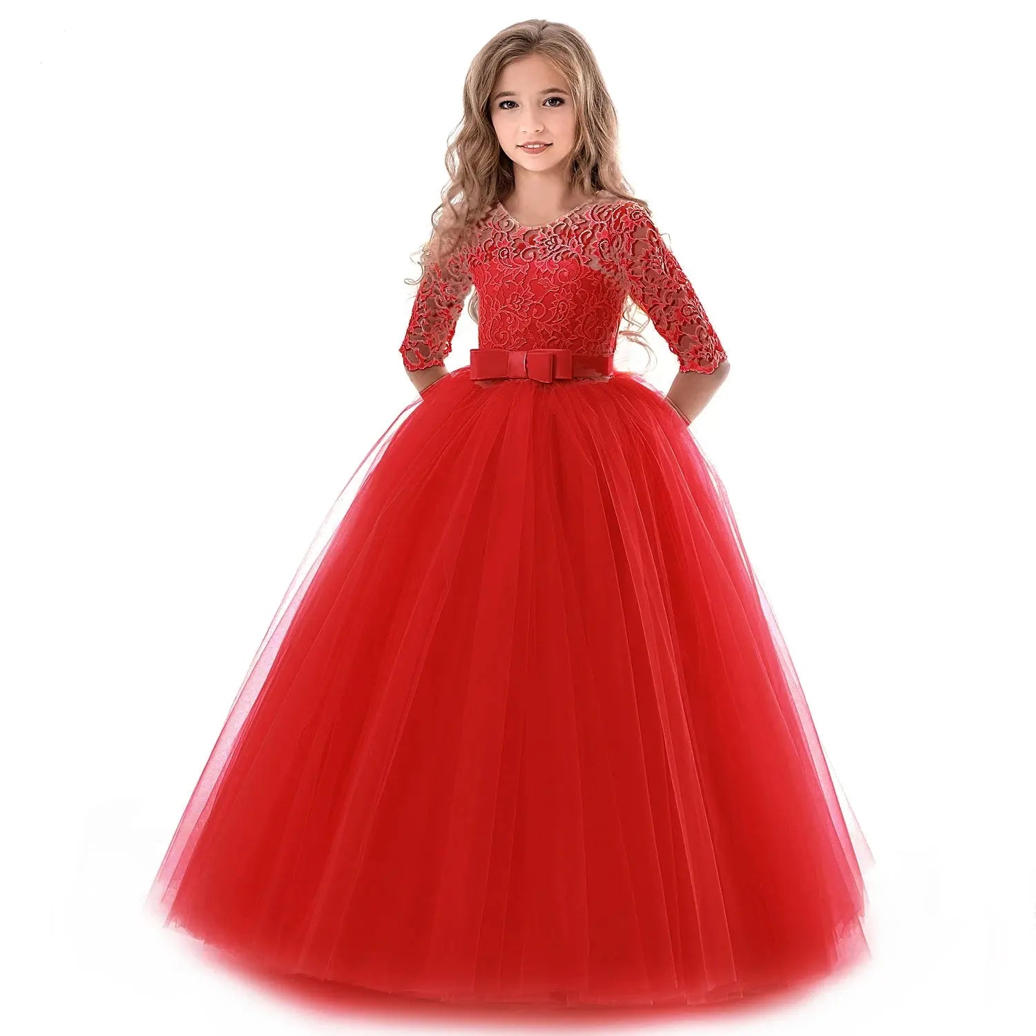 Vintage Flower Girl Princess Dress For Weddings Summer Kid Formal Bow Long Gown For School Evening Party Children Natalia Home Fashion   378Red-6T Natalia Home Fashion