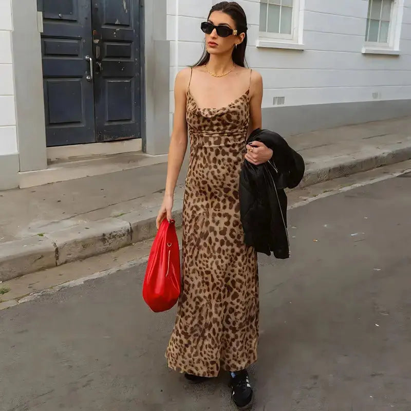 Vintage Midi Party Dress Women Tulle Backless Slip Dress Woman Summer Sexy Holiday Leopard Print Long Dress My Store