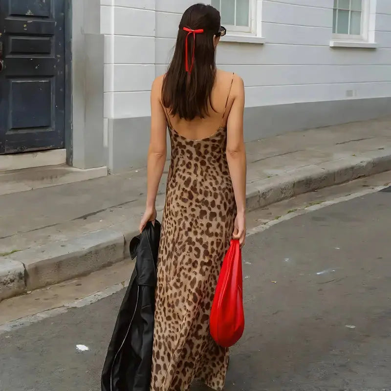 Vintage Midi Party Dress Women Tulle Backless Slip Dress Woman Summer Sexy Holiday Leopard Print Long Dress My Store