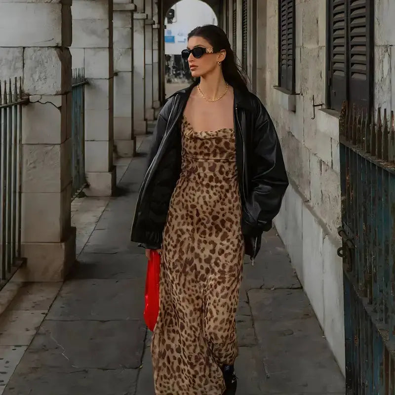 Vintage Midi Party Dress Women Tulle Backless Slip Dress Woman Summer Sexy Holiday Leopard Print Long Dress My Store