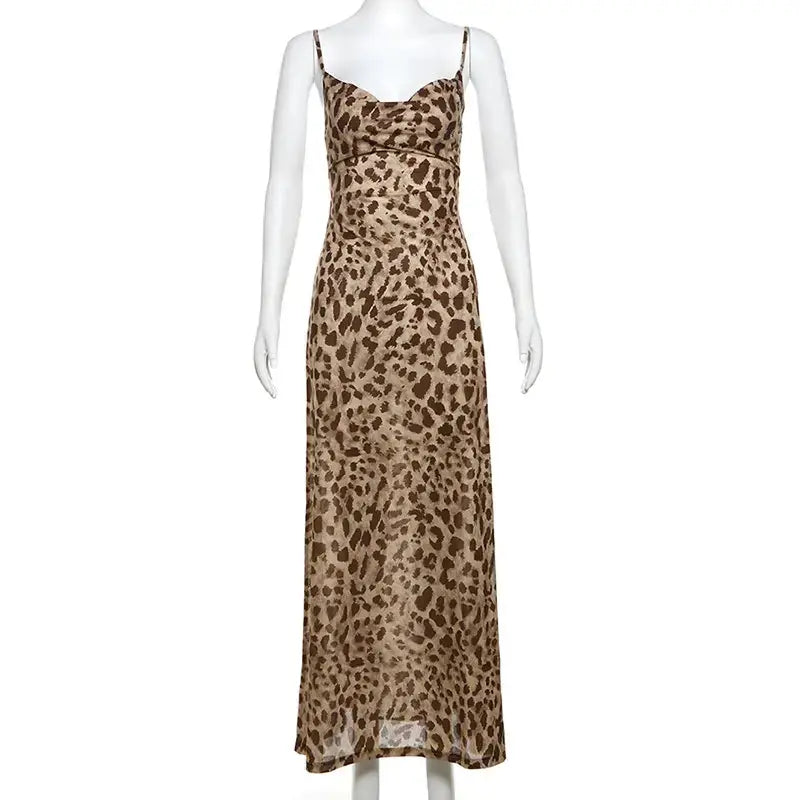Vintage Midi Party Dress Women Tulle Backless Slip Dress Woman Summer Sexy Holiday Leopard Print Long Dress My Store