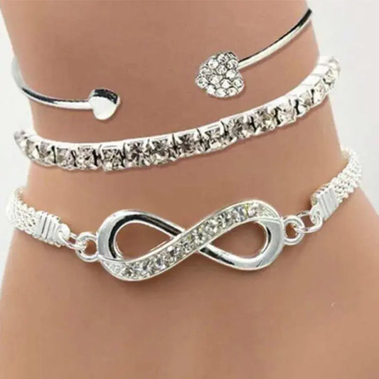 Vintage Set Silver Color Crystal Rhinestone Heart Bracelets for Women Fashion Geometric Adjustable Infinity Cuff Bangle Jewelry Natalia Home Fashion    Natalia Home Fashion