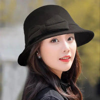 Vintage Women Bucket Cap Winter Warm Bow Woolen Felt Fedoras Cap Ladies Dome Felt Wedding Church Jazz Caps Bowler French Spring Natalia Home Fashion    Natalia Home Fashion