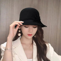 Vintage Women Bucket Cap Winter Warm Bow Woolen Felt Fedoras Cap Ladies Dome Felt Wedding Church Jazz Caps Bowler French Spring Natalia Home Fashion    Natalia Home Fashion
