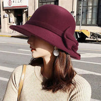 Vintage Women Bucket Cap Winter Warm Bow Woolen Felt Fedoras Cap Ladies Dome Felt Wedding Church Jazz Caps Bowler French Spring Natalia Home Fashion    Natalia Home Fashion