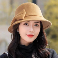 Vintage Women Bucket Cap Winter Warm Bow Woolen Felt Fedoras Cap Ladies Dome Felt Wedding Church Jazz Caps Bowler French Spring Natalia Home Fashion    Natalia Home Fashion