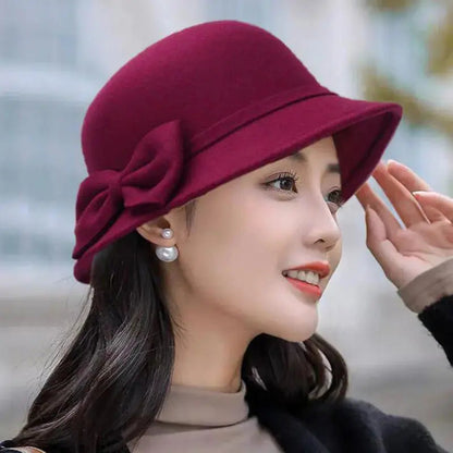 Vintage Women Bucket Cap Winter Warm Bow Woolen Felt Fedoras Cap Ladies Dome Felt Wedding Church Jazz Caps Bowler French Spring Natalia Home Fashion    Natalia Home Fashion