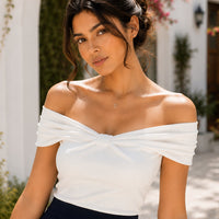 Summer Off Shoulder Bow Short Sleeve T-Shirt Women Stylish Ruched Slash Neck Cropped Tops Daily All-Match Solid Slimming Blouses Natalia Home Fashion    Natalia Home Fashion