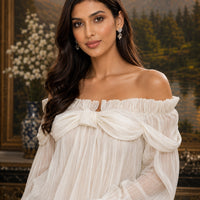 Off Shoulder Sweet Chiffon Top Long Sleeve Elastic French Style Solid Women Vacation Ruffles Loose Dresses