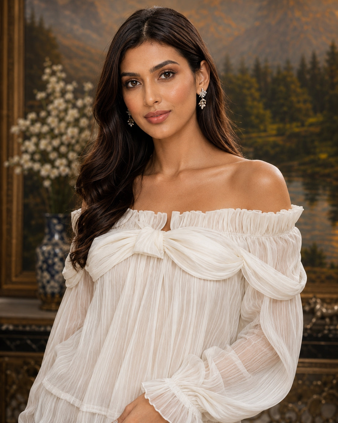 Off Shoulder Sweet Chiffon Top Long Sleeve Elastic French Style Solid Women Vacation Ruffles Loose Dresses