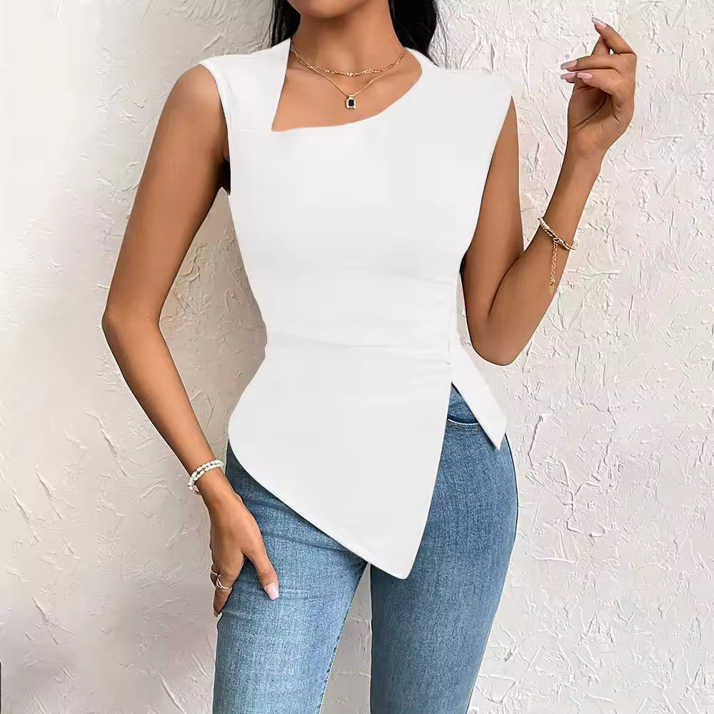 Spring Summer Elegant Stylish Daily Dating Casual Women's Sleeveless Tops Side Ruched Asymmetric Hem One-Shoulder Cut out