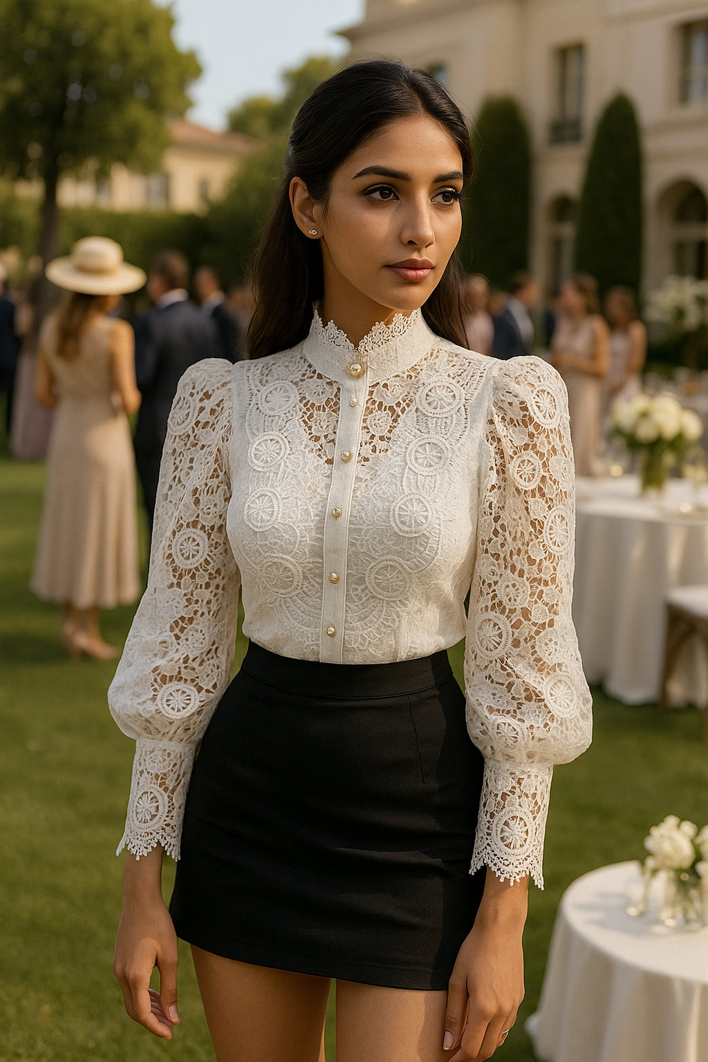 Shirt Women Blouse Office Lady Flower Blouse Spring Hollow Out Lace  Stand Collar Button Female Clothing