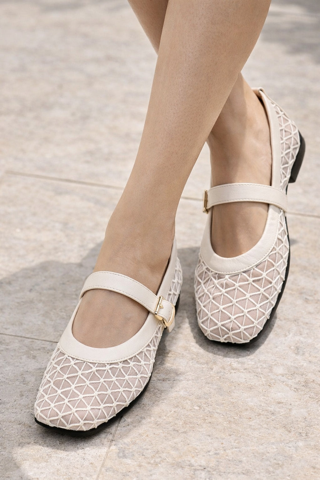 Fishnet Ballet Flats Square Toe Breathable Hollow Mesh Sandals Casual and Comfortable Mary Jane Shoes