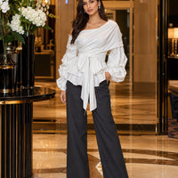 Women's Asymmetric Off-Shoulder Crop-Top Irregular Bow-Waist Puff-Sleeve Party Evening Top