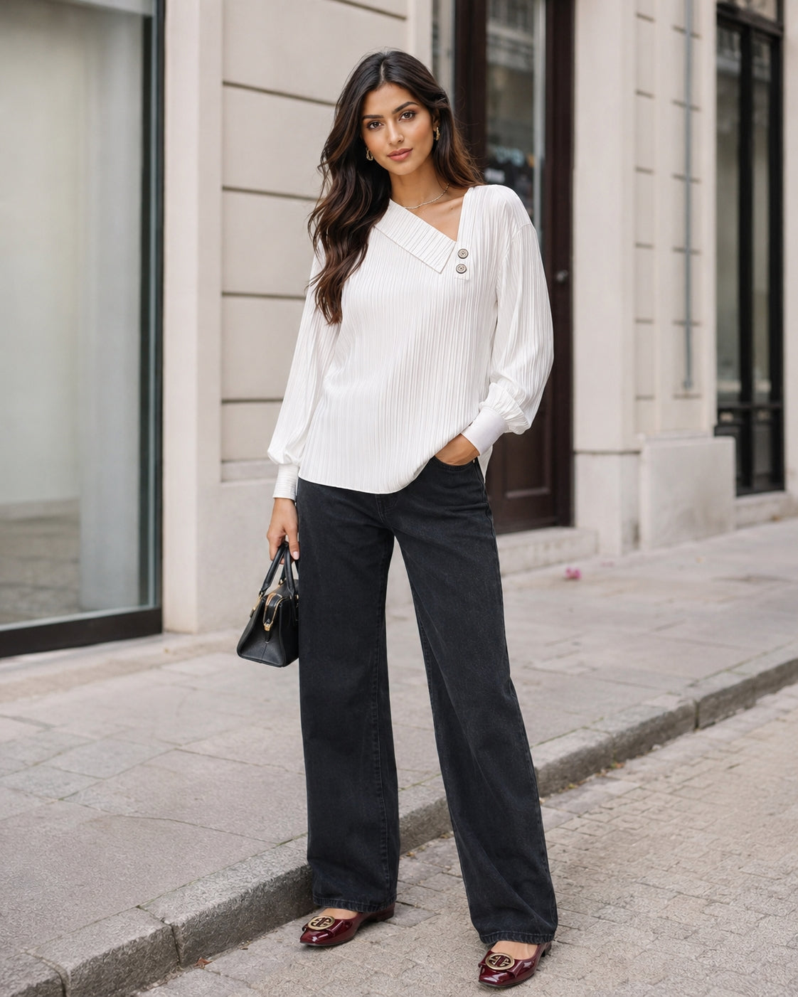 Simple Button V-neck Pullover Women's Solid Long Sleeve Casual T-shirts Elegant Lady Blouses