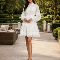 Elegant Hollow Out Organza Long Maxi Dresses Shirt Women  Layer Ruffle Full Sleeve Pearl Evening Party Dress