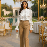 Luxury Ruffle Flared Sleeves Blouse Shirts Women  Retro Blouse Stand Collar French Design Chic Loose Top