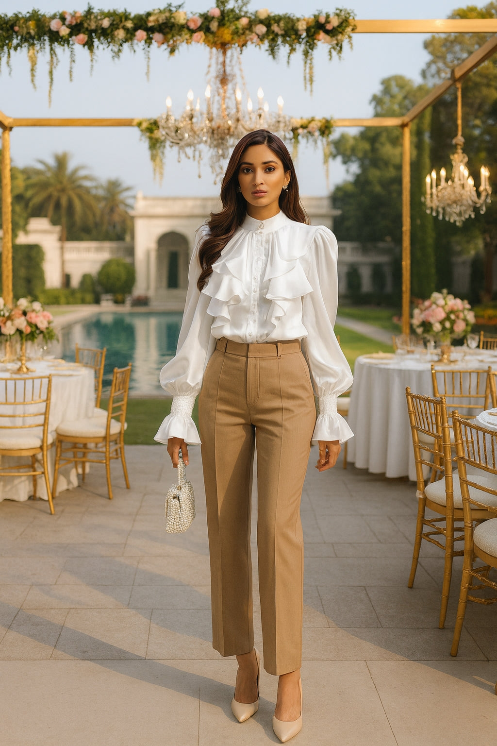 Luxury Ruffle Flared Sleeves Blouse Shirts Women  Retro Blouse Stand Collar French Design Chic Loose Top