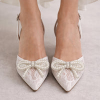 New Fashion Pearl Bowknot Mesh Pointed Toe White High Heels Sling back Sandal Sexy Back Buckle Strap Shoes Women Pumps