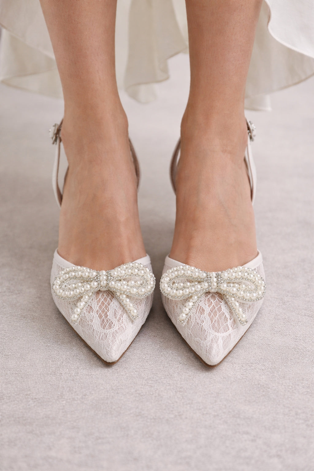 New Fashion Pearl Bowknot Mesh Pointed Toe White High Heels Sling back Sandal Sexy Back Buckle Strap Shoes Women Pumps