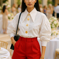 Chic Sharp Corner Collar Blouse Women Elegant Pearl Button White Shirt Ladies New Fashion Lantern Sleeve Shirts