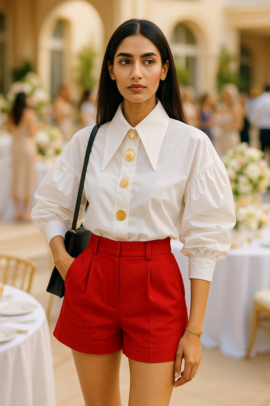 Chic Sharp Corner Collar Blouse Women Elegant Pearl Button White Shirt Ladies New Fashion Lantern Sleeve Shirts