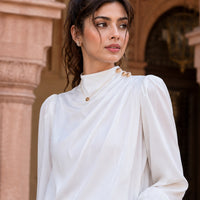 Stylish Long Sleeve Women Satin Blouses Elegant Loose O-neck Buttons Ladies Pullovers Shirts Tops Natalia Home Fashion    Natalia Home Fashion