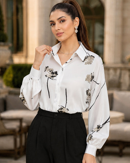 Women's Blouse Long Sleeve Rose Printed Fashionable Chiffon Shirt Long Sleeve Top Natalia Home Fashion    Natalia Home Fashion
