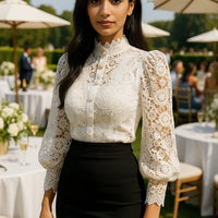 Shirt Women Blouse Office Lady Flower Blouse Spring Hollow Out Lace  Stand Collar Button Female Clothing