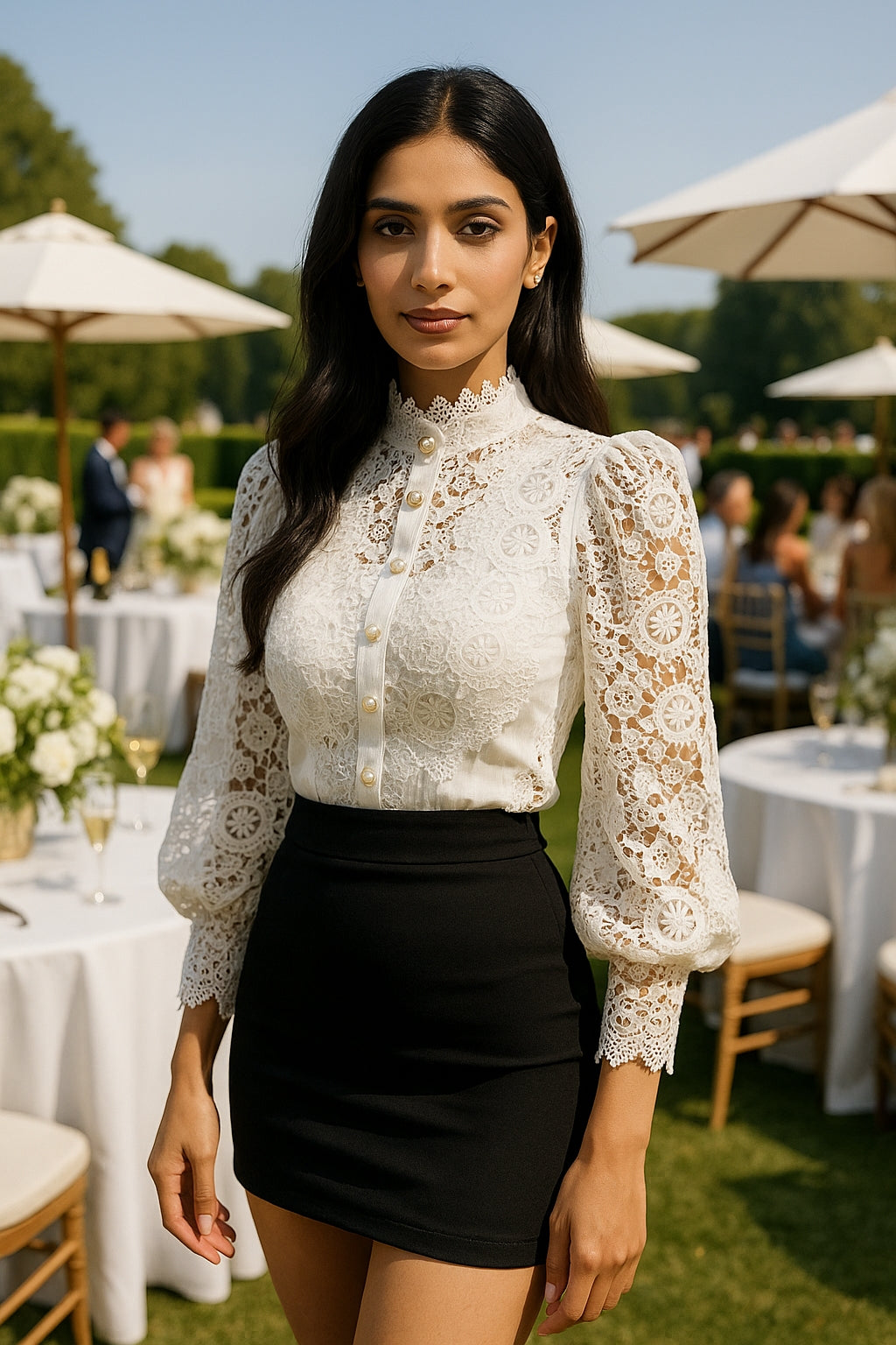 Shirt Women Blouse Office Lady Flower Blouse Spring Hollow Out Lace  Stand Collar Button Female Clothing