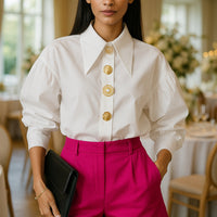 Chic Sharp Corner Collar Blouse Women Elegant Pearl Button White Shirt Ladies New Fashion Lantern Sleeve Shirts