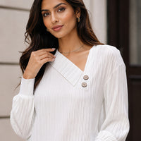 Simple Button V-neck Pullover Women's Solid Long Sleeve Casual T-shirts Elegant Lady Blouses