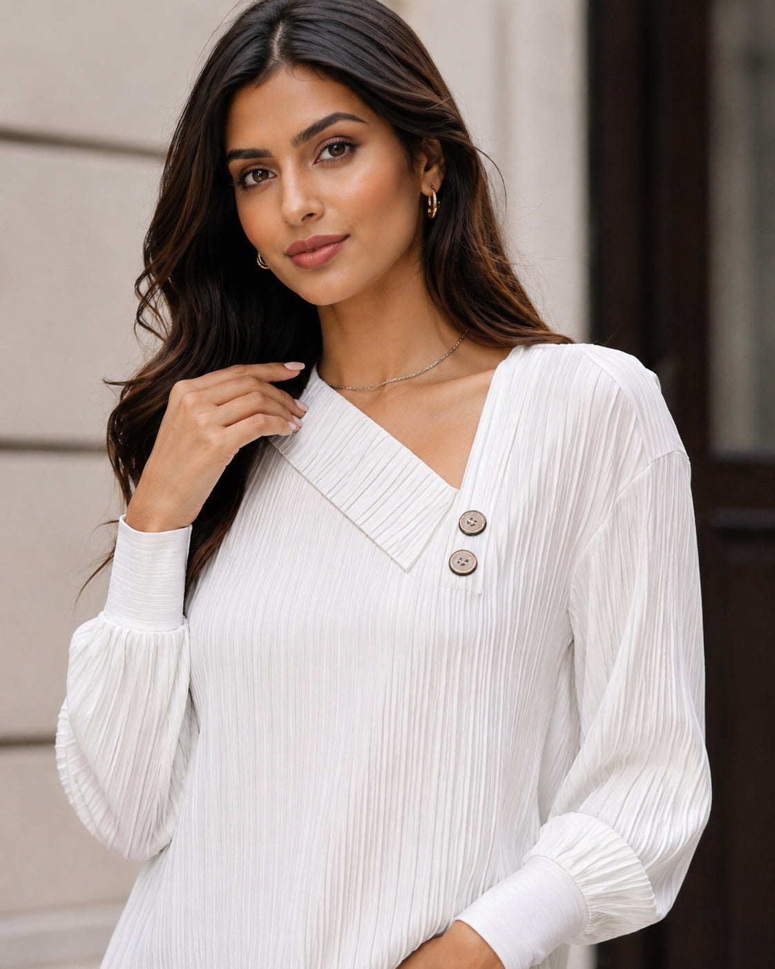 Simple Button V-neck Pullover Women's Solid Long Sleeve Casual T-shirts Elegant Lady Blouses