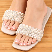 Women's Pearl Rhinestones Women's All-match Casual Slippers Fashion Solid Flat Shoes Sandals - Natalia Home Fashion