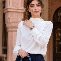 Stylish Long Sleeve Women Satin Blouses Elegant Loose O-neck Buttons Ladies Pullovers Shirts Tops Natalia Home Fashion    Natalia Home Fashion