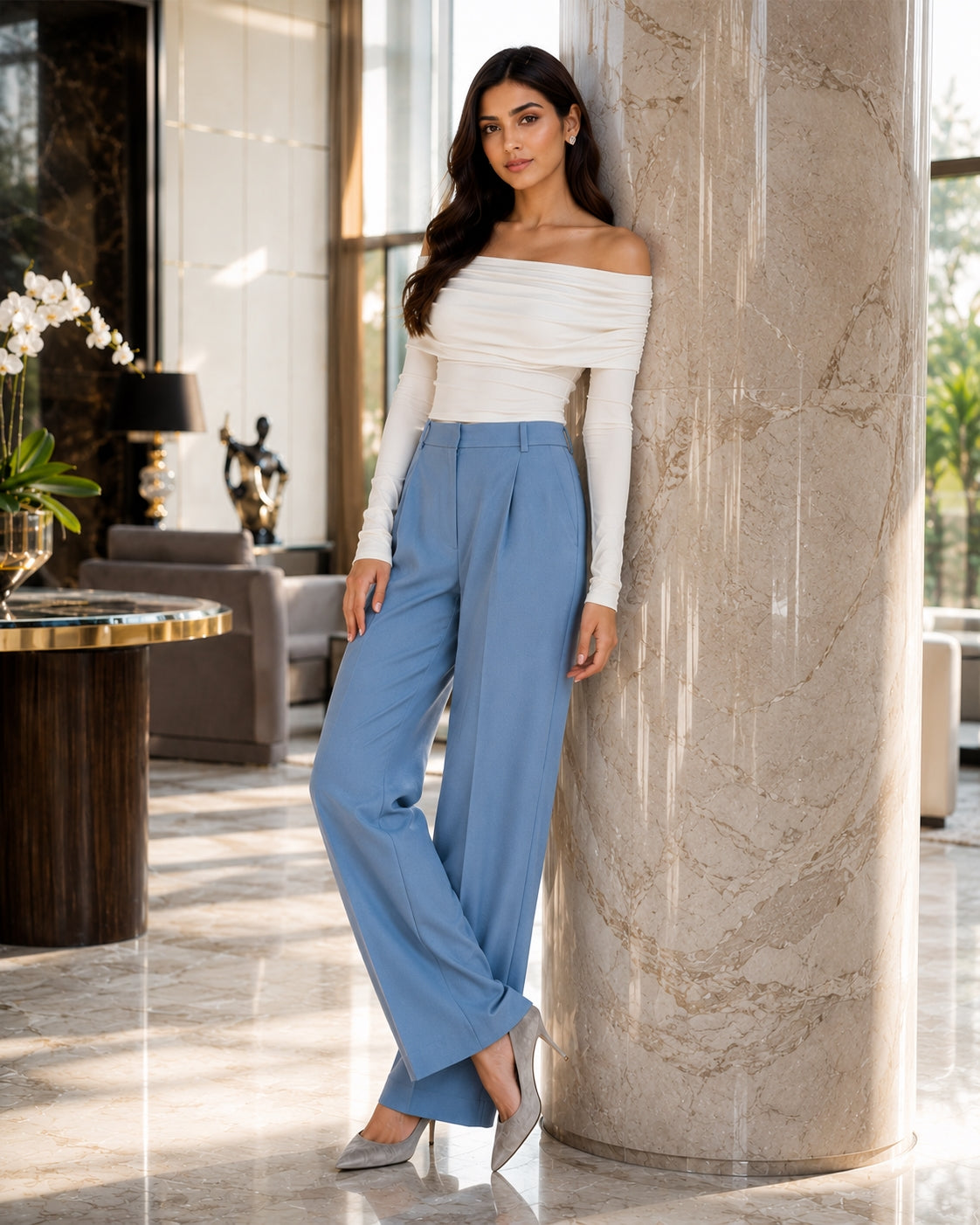 Sexy Shoulder Bared Long Sleeve Slim Fit Outwear Asymmetric Belly Bared Pleated T-Shirt Style Short New Arrival Acetate Fabric