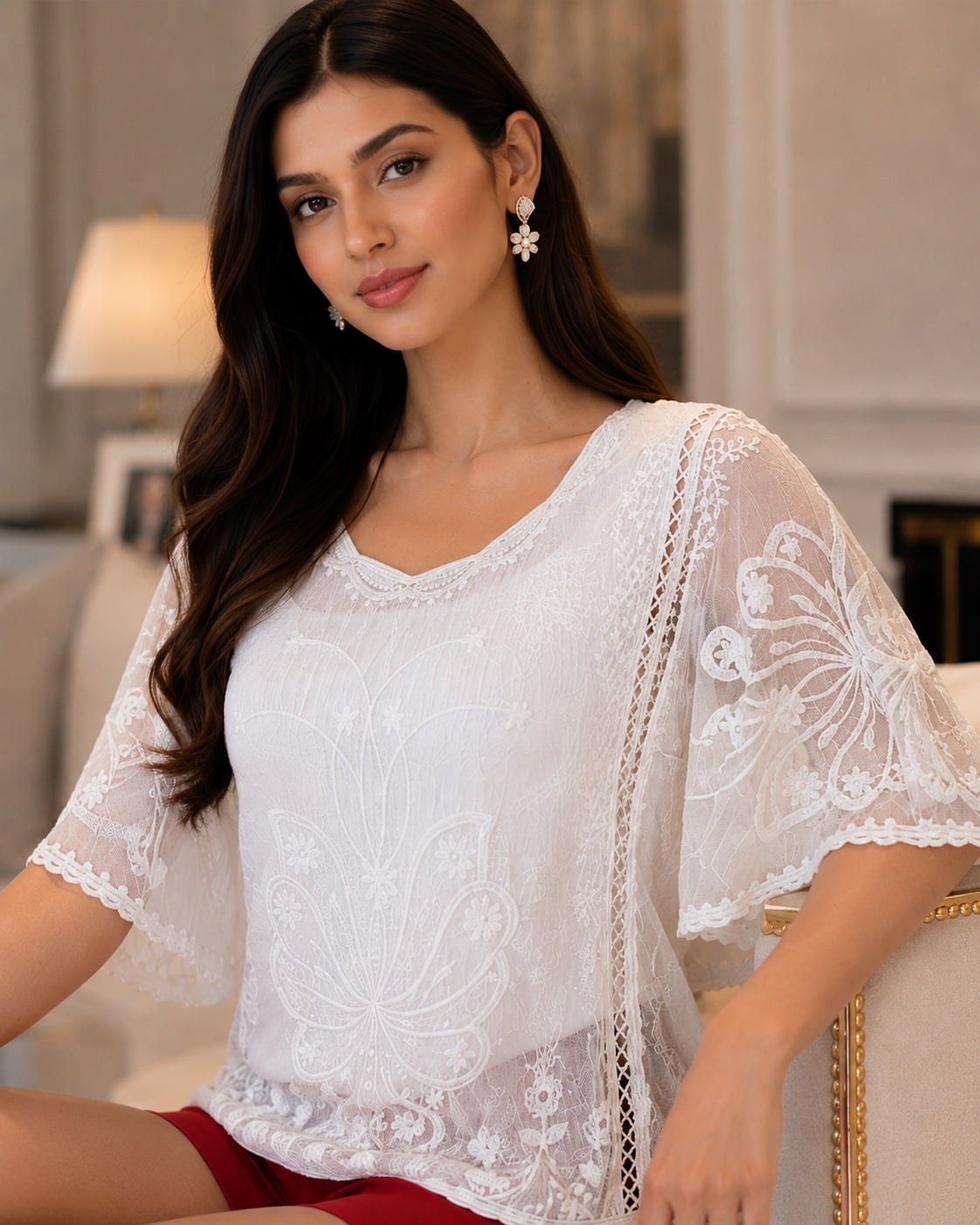 Loose Lace Blouse Women Butterfly Sleeve Chiffon Shirt Woman Fashion Casual Floral Shirt Tops