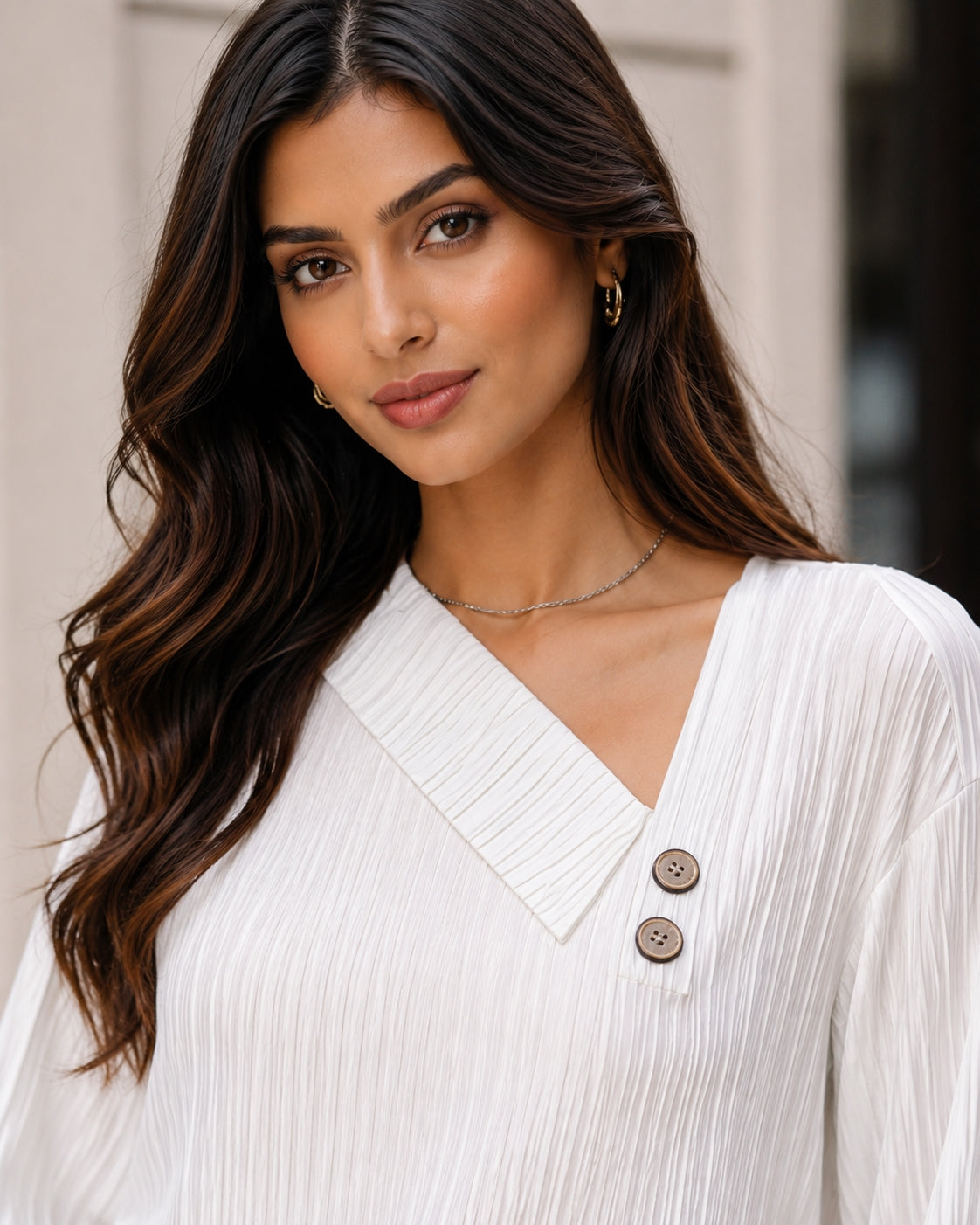 Simple Button V-neck Pullover Women's Solid Long Sleeve Casual T-shirts Elegant Lady Blouses