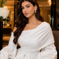 Women's Asymmetric Off-Shoulder Crop-Top Irregular Bow-Waist Puff-Sleeve Party Evening Top