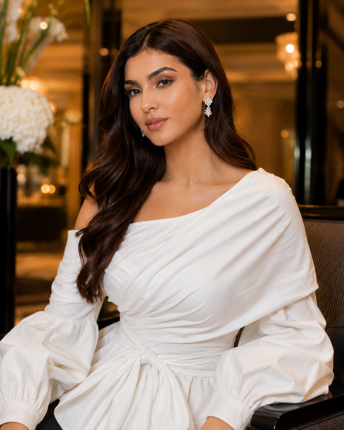 Women's Asymmetric Off-Shoulder Crop-Top Irregular Bow-Waist Puff-Sleeve Party Evening Top