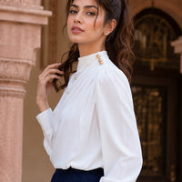 Stylish Long Sleeve Women Satin Blouses Elegant Loose O-neck Buttons Ladies Pullovers Shirts Tops Natalia Home Fashion    Natalia Home Fashion