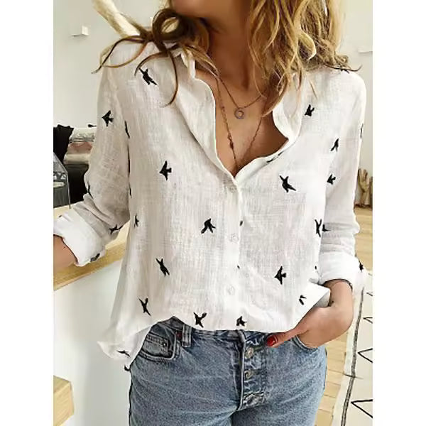 Elegant Cotton Linen Shirts Women Casual Solid Button Lapel Blouses Shirts Autumn Winter Long Sleeve Loose Tops Tunic Blouse Natalia Home Fashion    Natalia Home Fashion