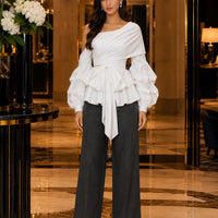 Women's Asymmetric Off-Shoulder Crop-Top Irregular Bow-Waist Puff-Sleeve Party Evening Top