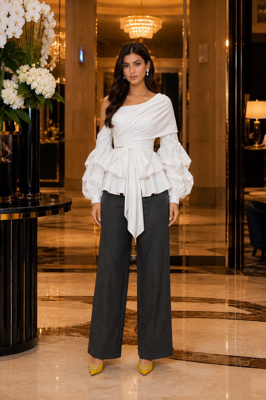Women's Asymmetric Off-Shoulder Crop-Top Irregular Bow-Waist Puff-Sleeve Party Evening Top