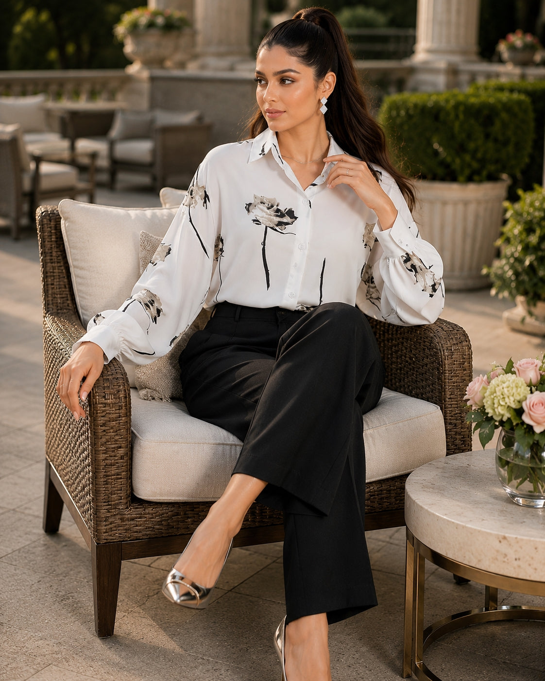 Women's Blouse Long Sleeve Rose Printed Fashionable Chiffon Shirt Long Sleeve Top Natalia Home Fashion    Natalia Home Fashion