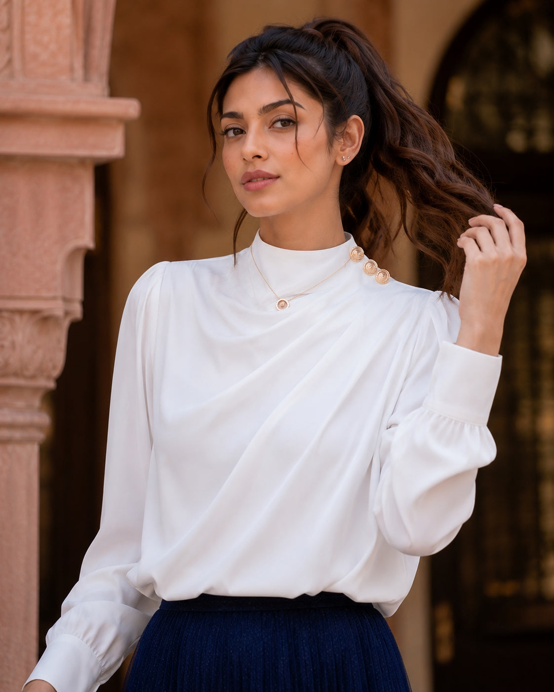 Stylish Long Sleeve Women Satin Blouses Elegant Loose O-neck Buttons Ladies Pullovers Shirts Tops Natalia Home Fashion    Natalia Home Fashion