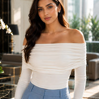 Sexy Shoulder Bared Long Sleeve Slim Fit Outwear Asymmetric Belly Bared Pleated T-Shirt Style Short New Arrival Acetate Fabric