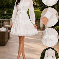 Elegant Hollow Out Organza Long Maxi Dresses Shirt Women  Layer Ruffle Full Sleeve Pearl Evening Party Dress