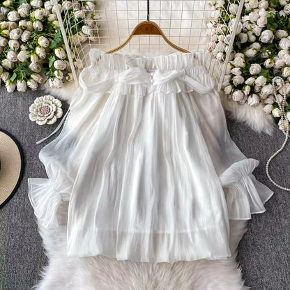 Off Shoulder Sweet Chiffon Top Long Sleeve Elastic French Style Solid Women Vacation Ruffles Loose Dresses